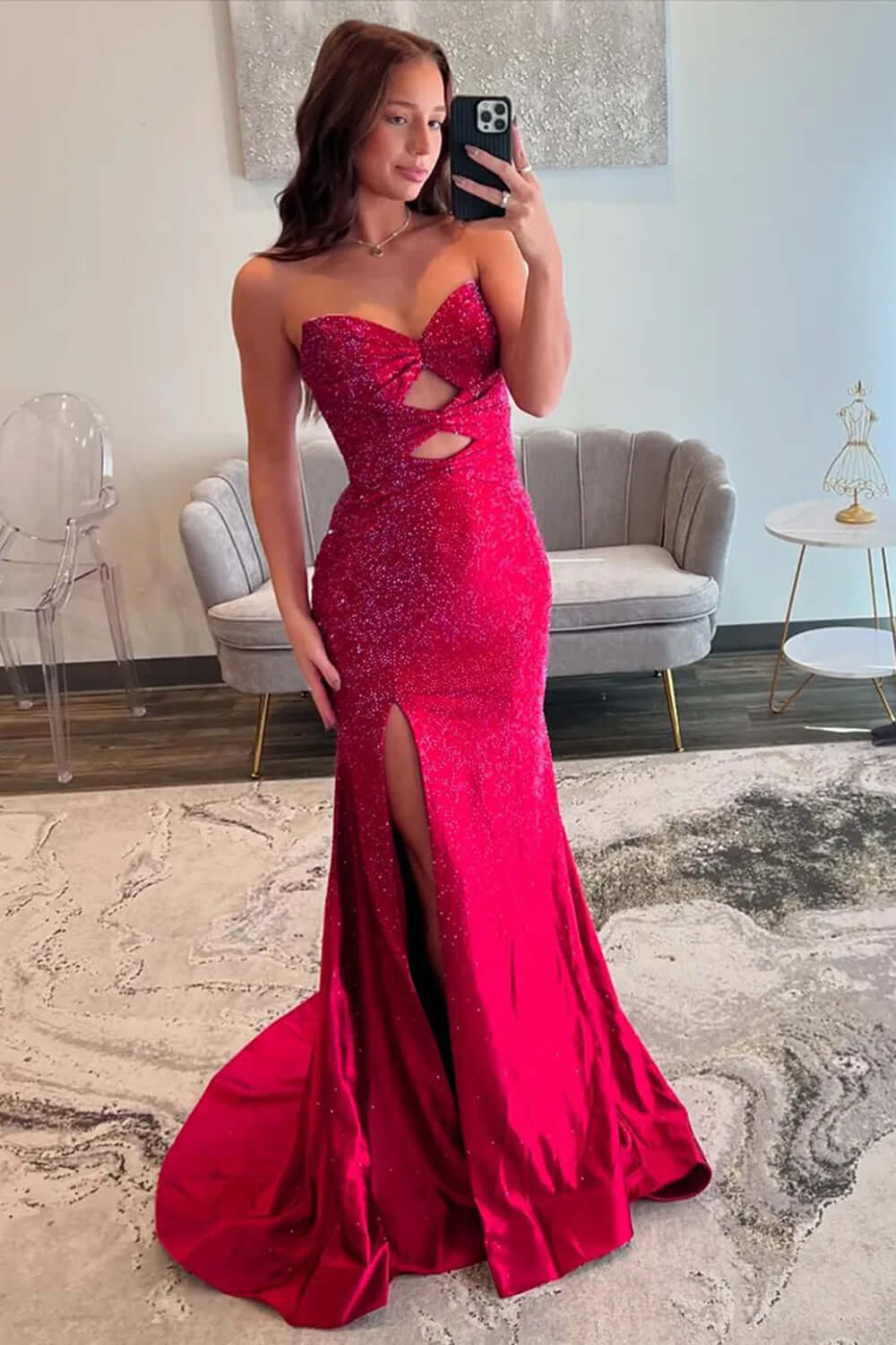 Hot Pink Mermaid Sequined Hollow Out Sweetheart Prom Dress with Slit