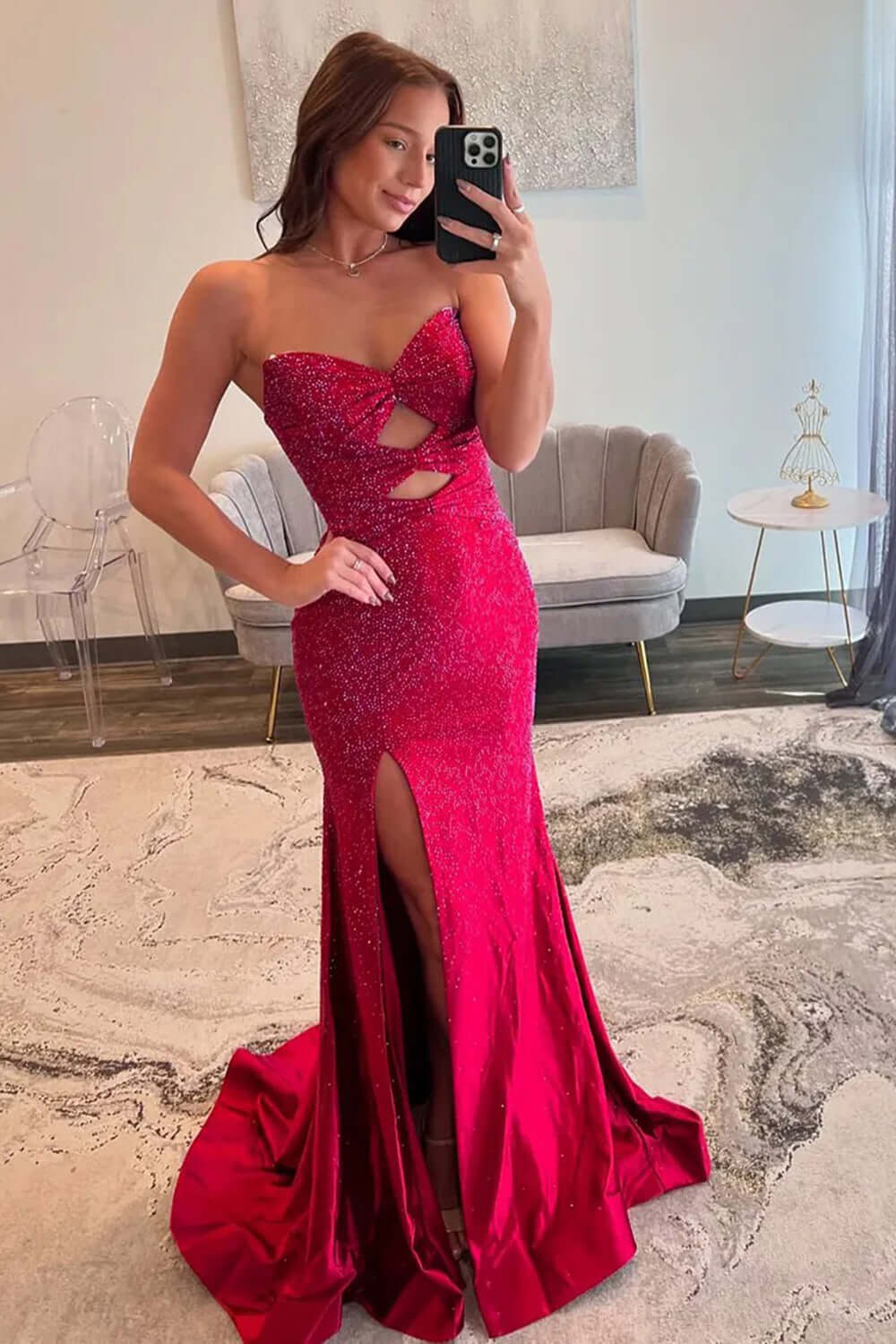 Hot Pink Mermaid Sequined Hollow Out Sweetheart Prom Dress with Slit
