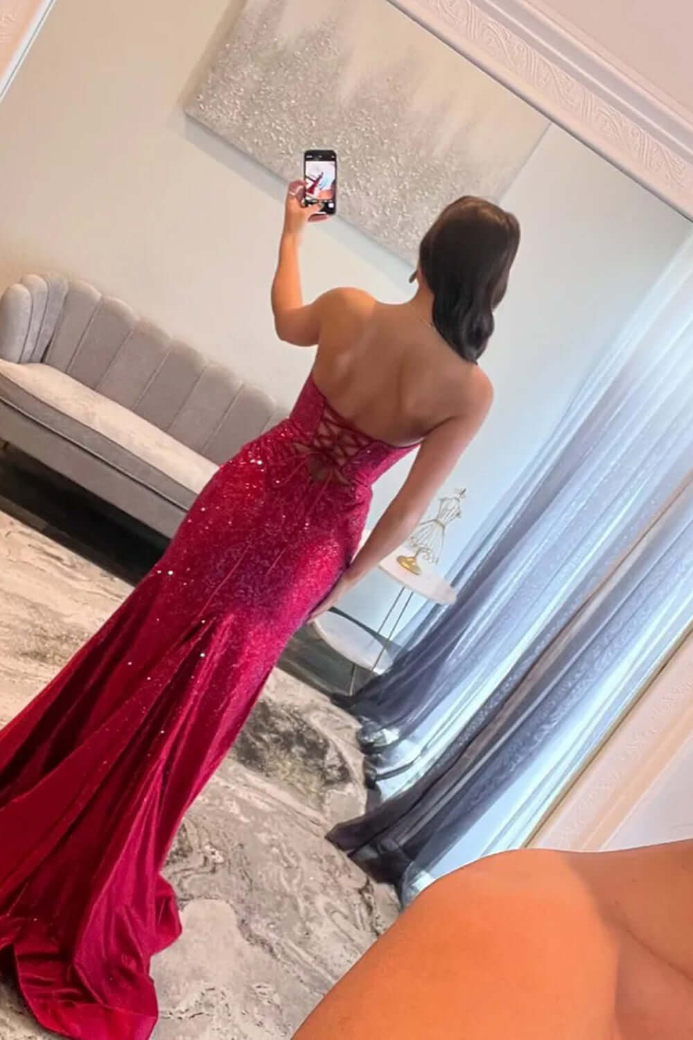 Hot Pink Mermaid Sequined Hollow Out Sweetheart Prom Dress with Slit