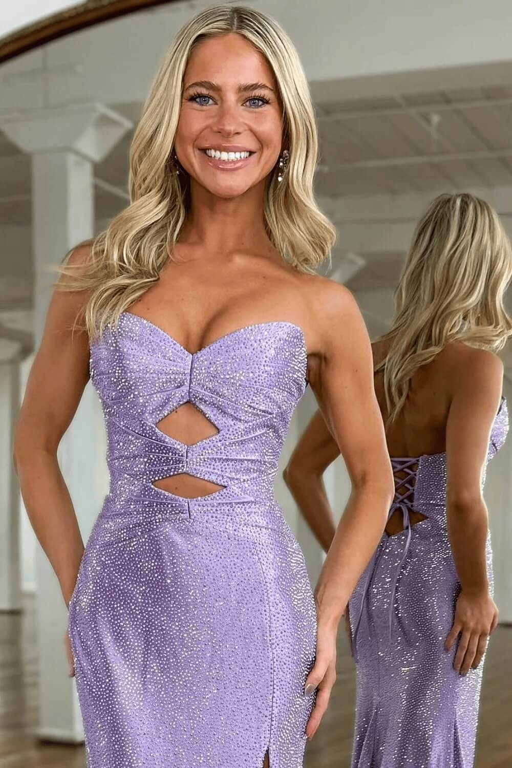 Hot Pink Mermaid Sequined Hollow Out Sweetheart Prom Dress with Slit