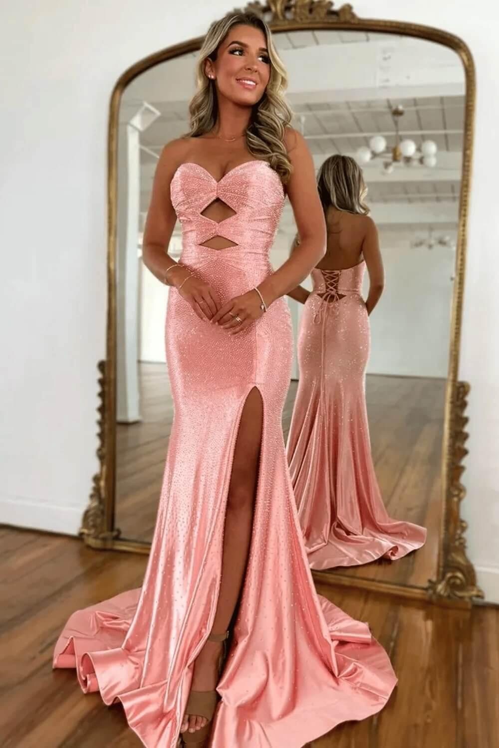 Hot Pink Mermaid Sequined Hollow Out Sweetheart Prom Dress with Slit