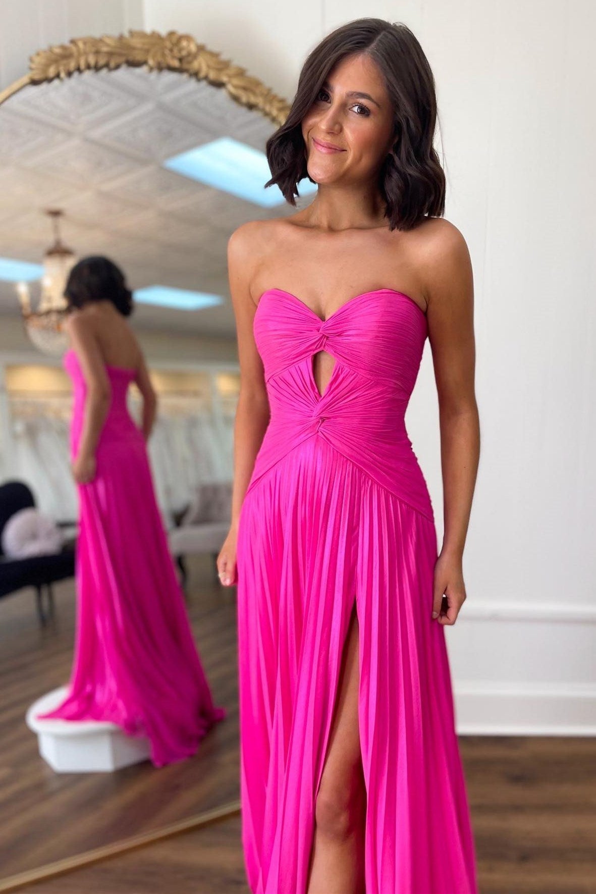 Hot Pink Prom Dress A Line Strapless Keyhole Pleated Evening Dress