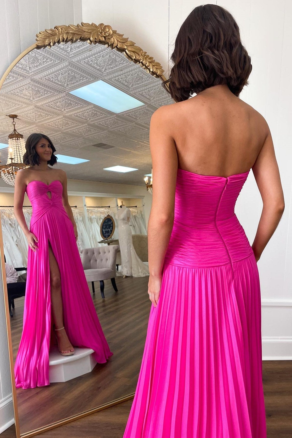 Hot Pink Prom Dress A Line Strapless Keyhole Pleated Evening Dress