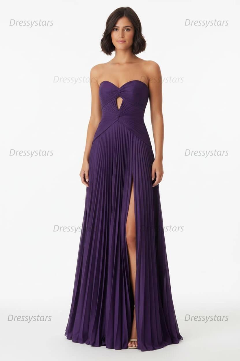 Hot Pink Prom Dress A Line Strapless Keyhole Pleated Evening Dress