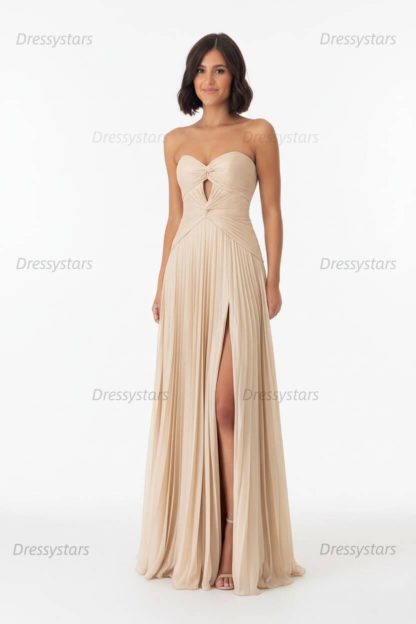 Hot Pink Prom Dress A Line Strapless Keyhole Pleated Evening Dress