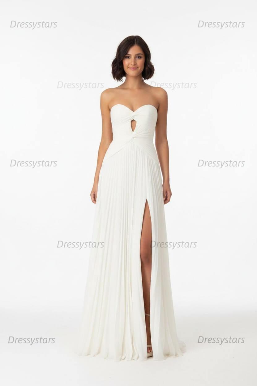Hot Pink Prom Dress A Line Strapless Keyhole Pleated Evening Dress