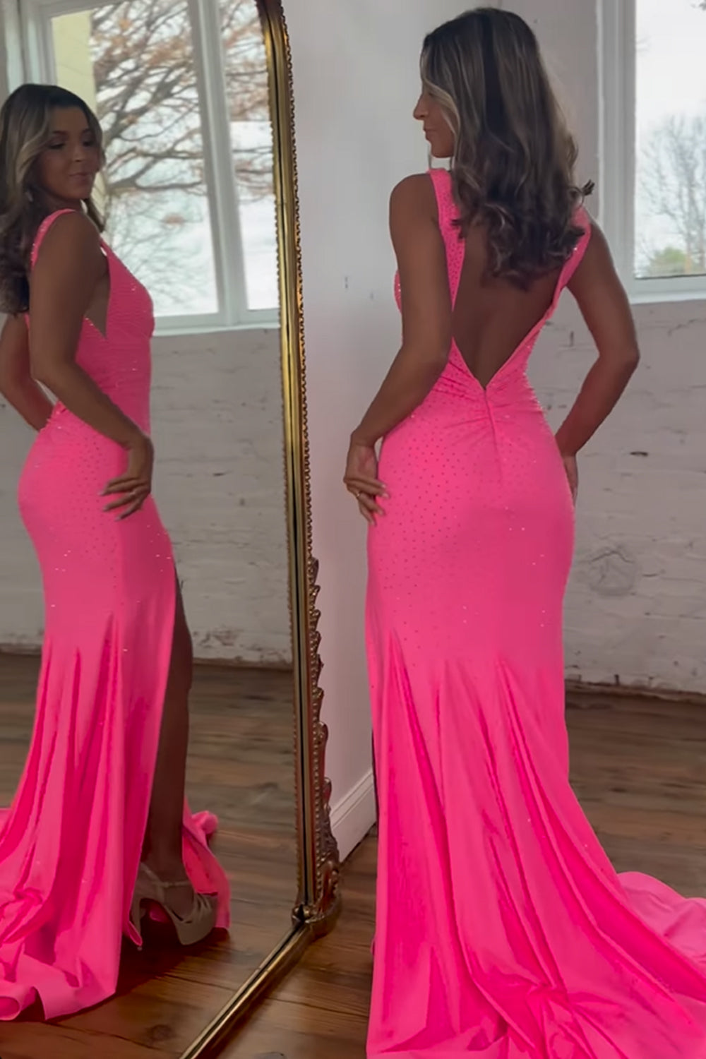 Hot Pink Prom Dress Beaded Mermaid Long Evening Dress with Slit