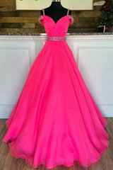 Hot Pink Prom Dress Beaded Off the shoulder A Line Evening Dress