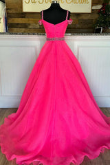 Hot Pink Prom Dress Beaded Off the shoulder A Line Evening Dress