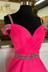 Hot Pink Prom Dress Beaded Off the shoulder A Line Evening Dress