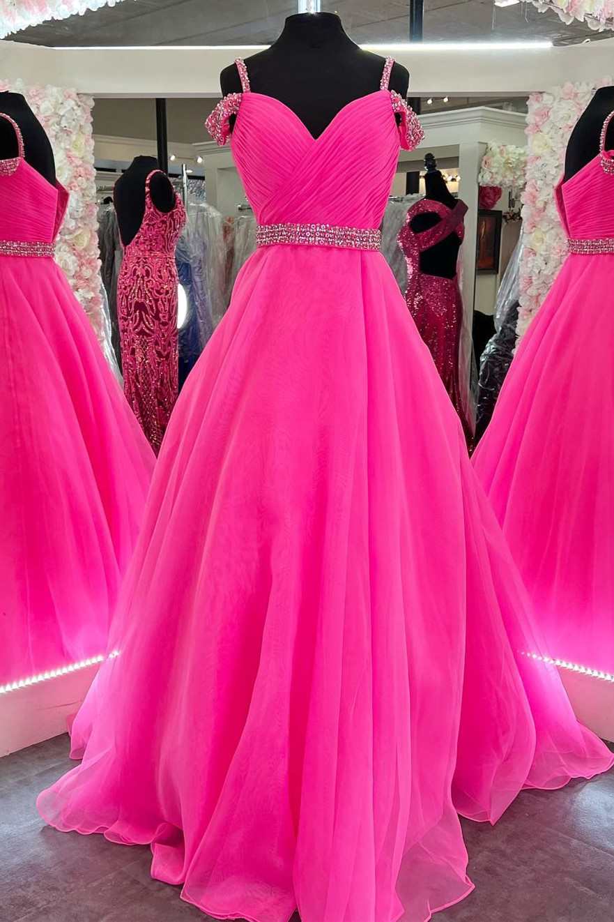 Hot Pink Prom Dress Beaded Off the shoulder A Line Evening Dress
