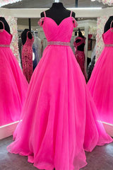 Hot Pink Prom Dress Beaded Off the shoulder A Line Evening Dress