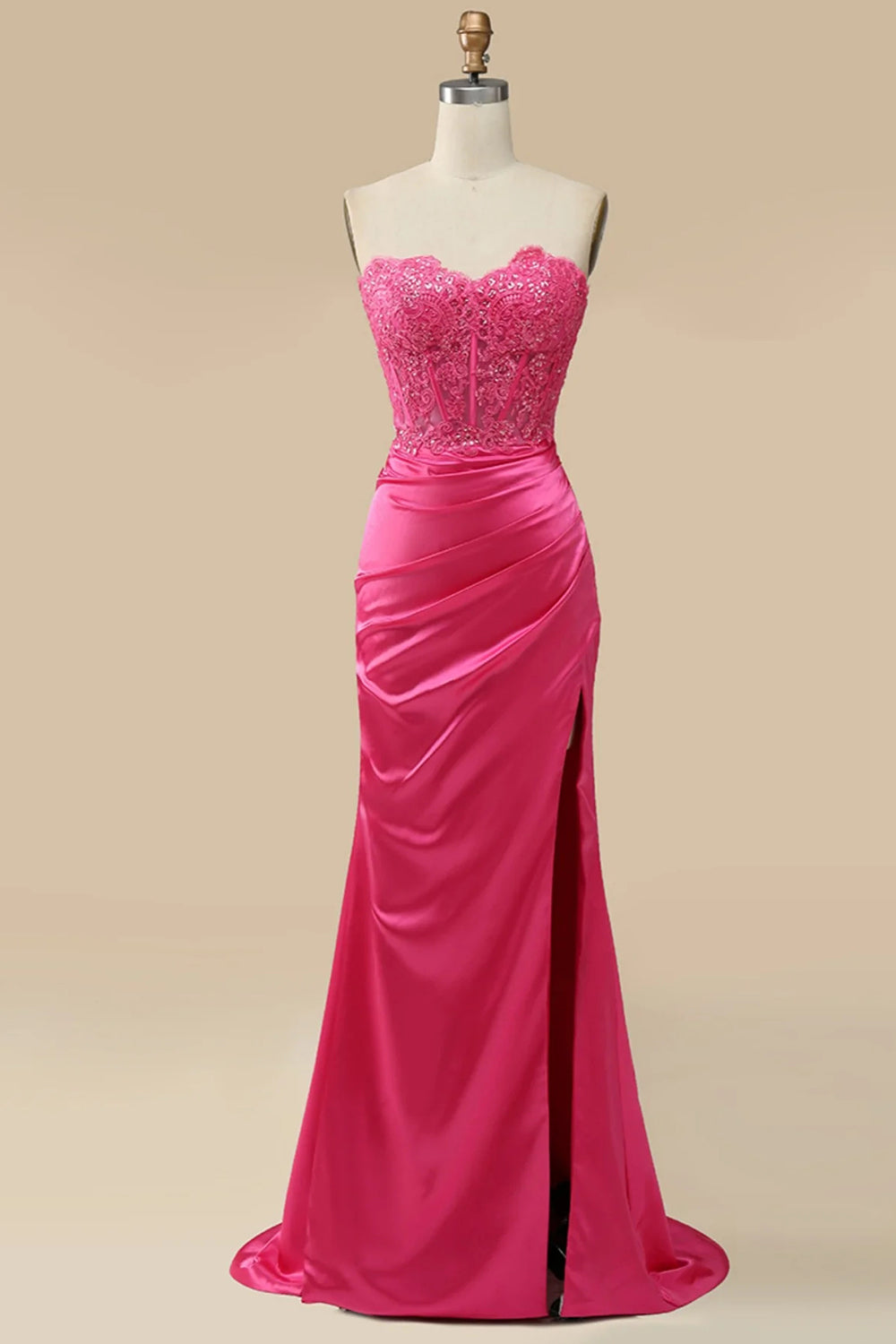 Hot Pink Prom Dress Corset Long Evening Dress with Slit