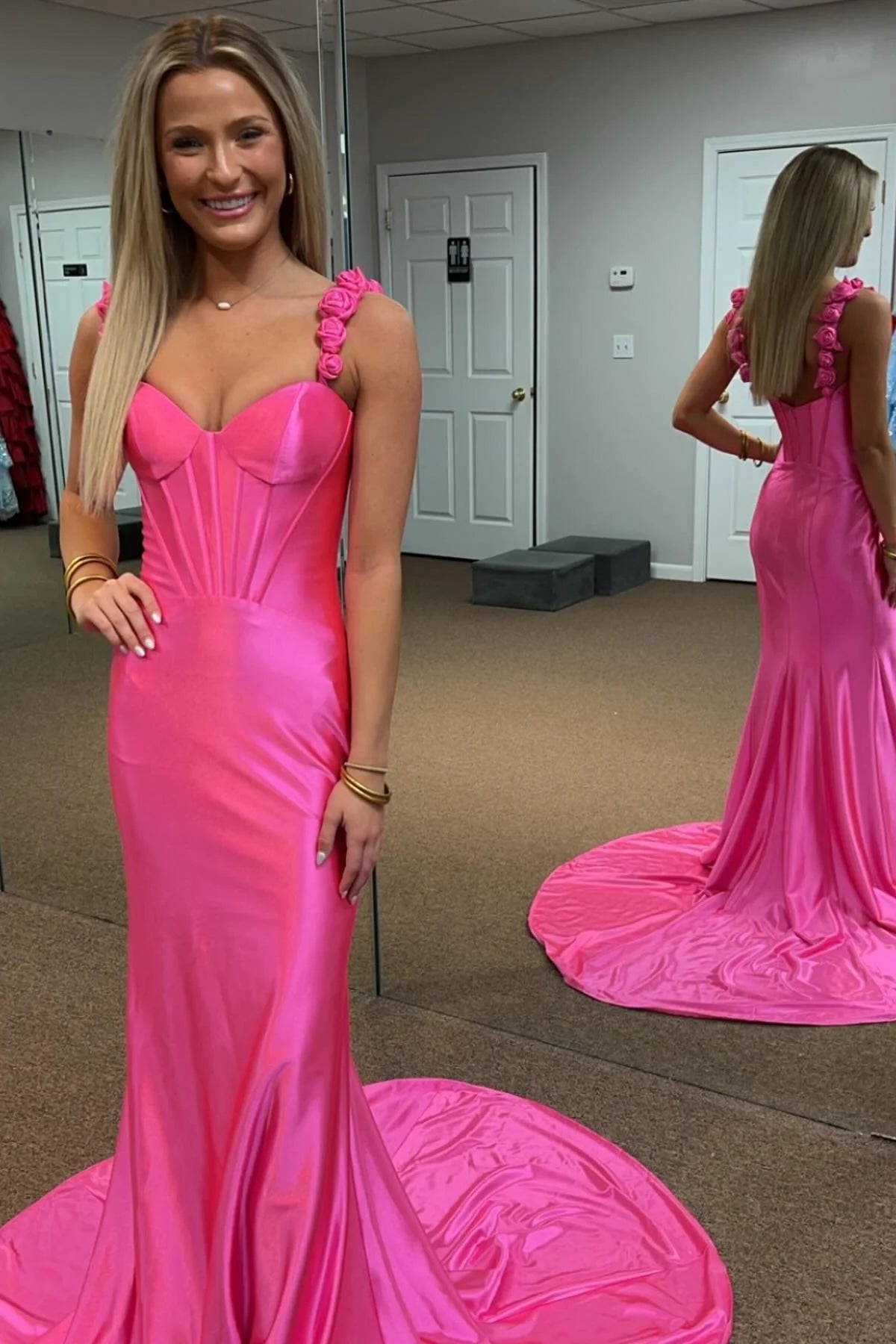 Hot Pink Prom Dress Floral Straps Mermaid Satin Long Evening Dress