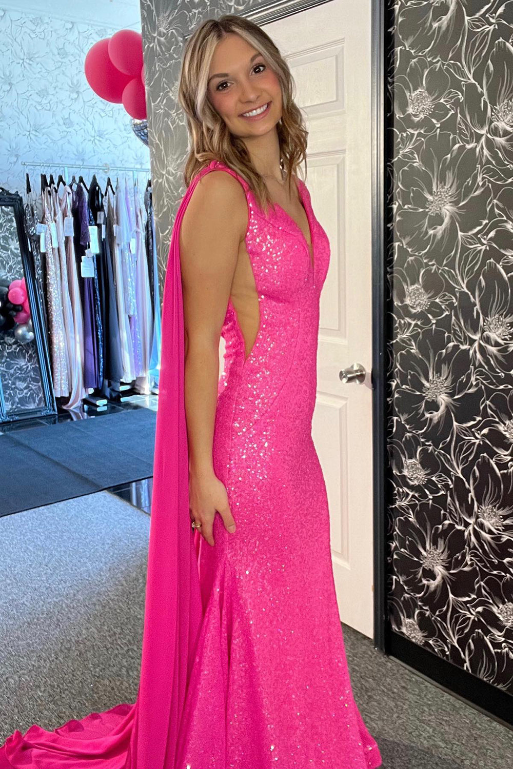 Hot Pink Prom Dress Mermaid Evening Dress with Long Ribbon