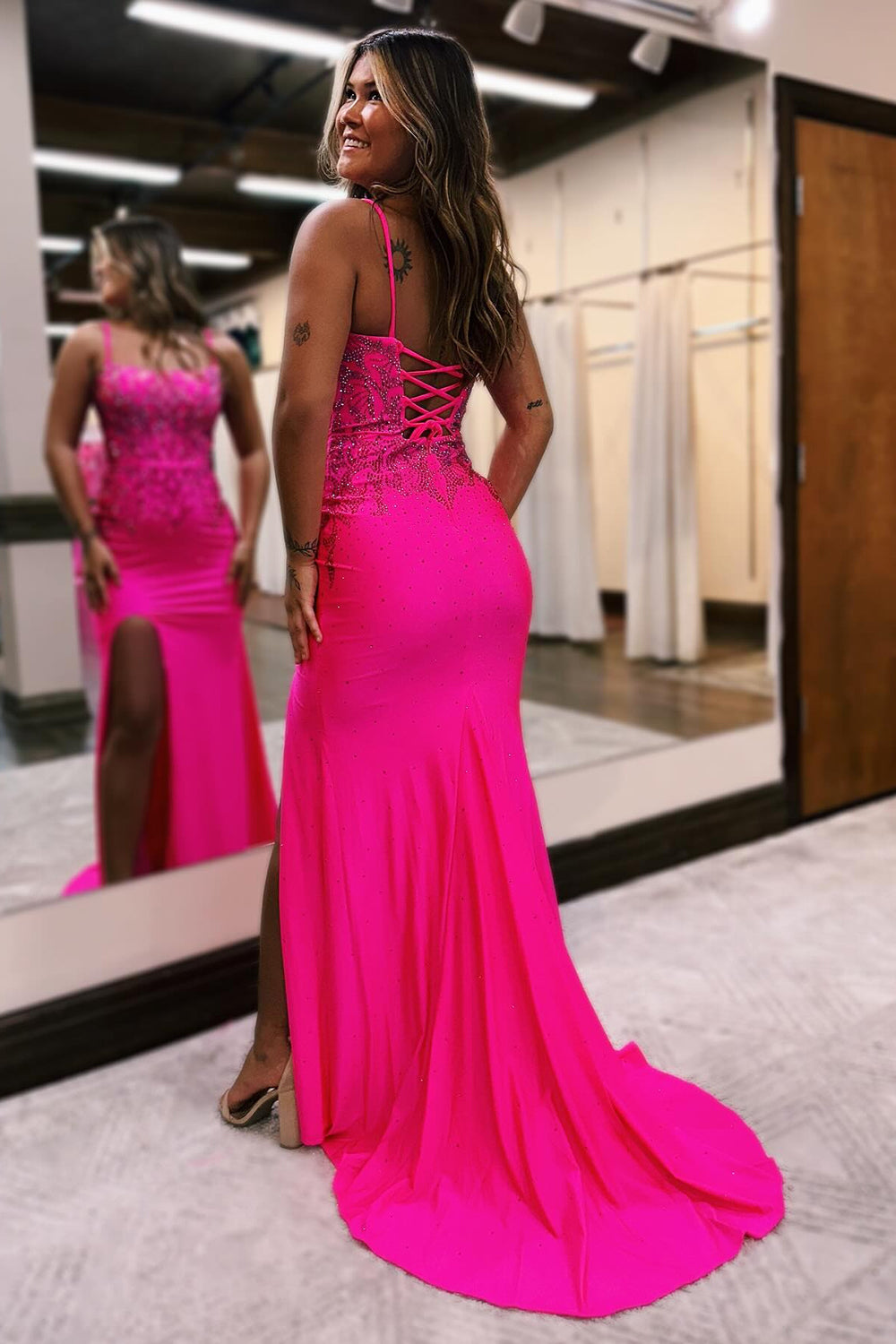 Hot Pink Prom Dress Mermaid Long Beaded Evening Dress with Slit