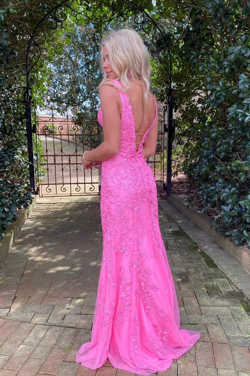 Hot Pink Prom Dress Mermaid Plunge V Neck Lace Evening Dress