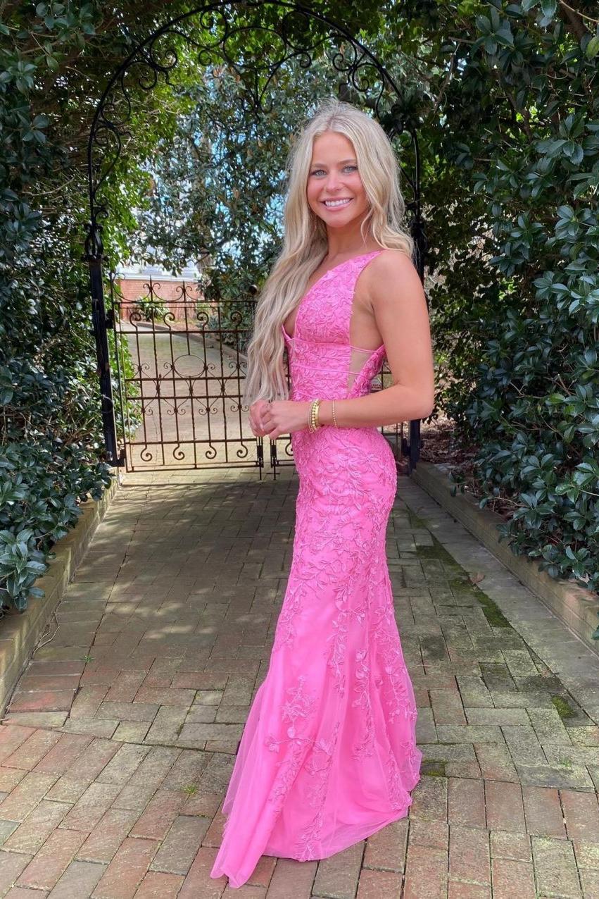 Hot Pink Prom Dress Mermaid Plunge V Neck Lace Evening Dress