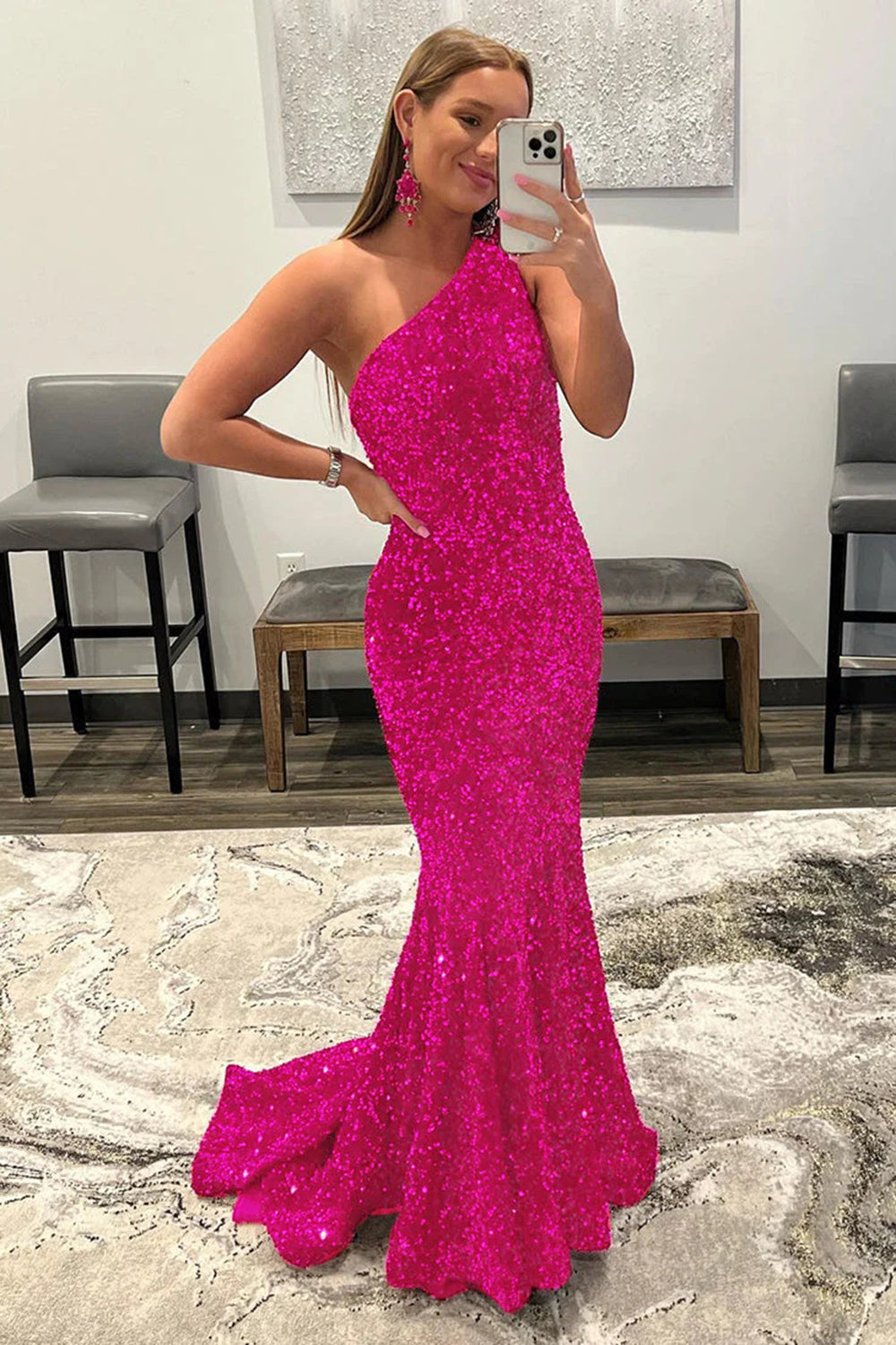 Hot Pink Prom Dress Mermaid Sequined Long Evening Dress