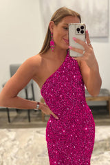 Hot Pink Prom Dress Mermaid Sequined Long Evening Dress