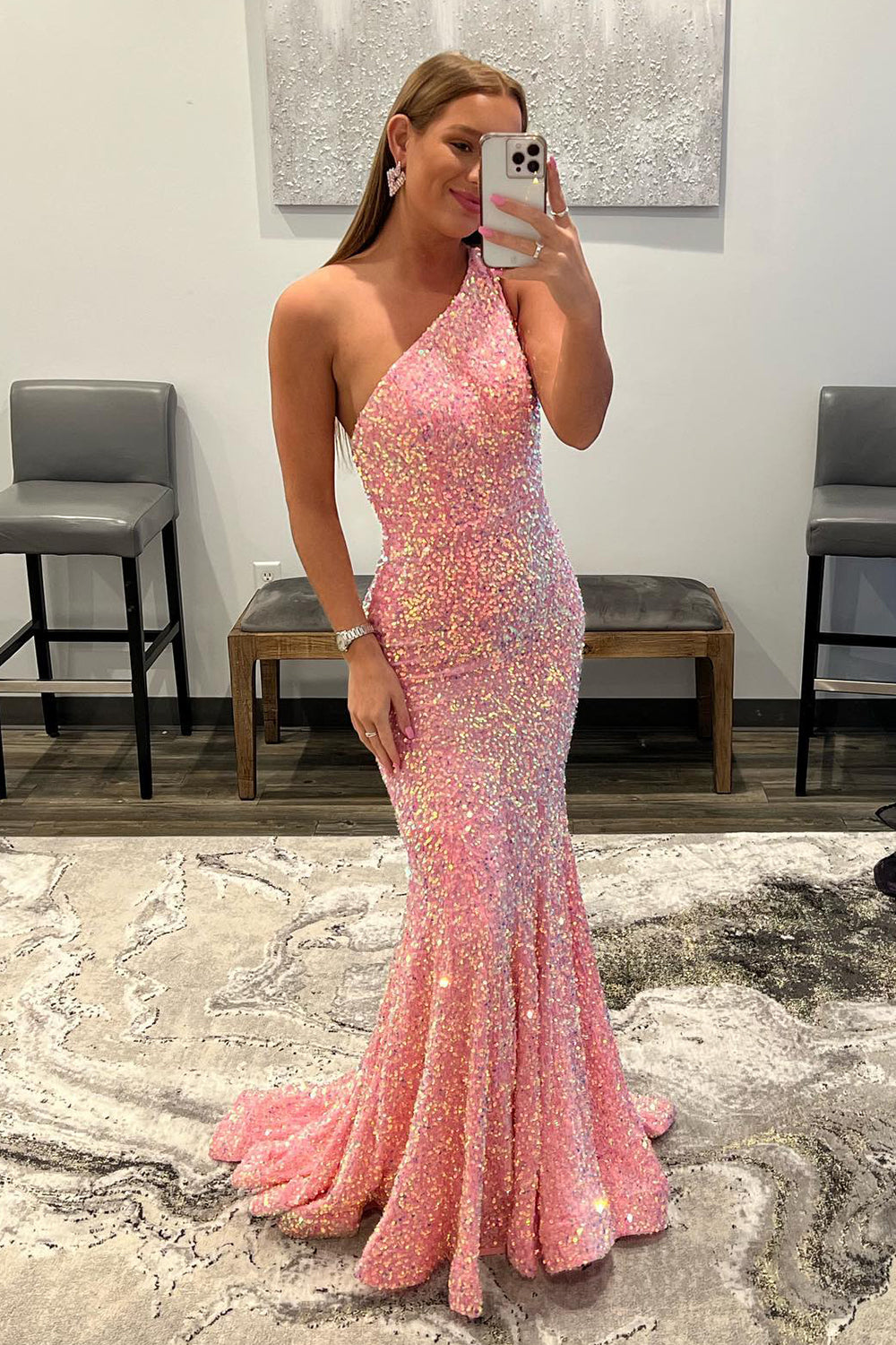 Hot Pink Prom Dress Mermaid Sequined Long Evening Dress