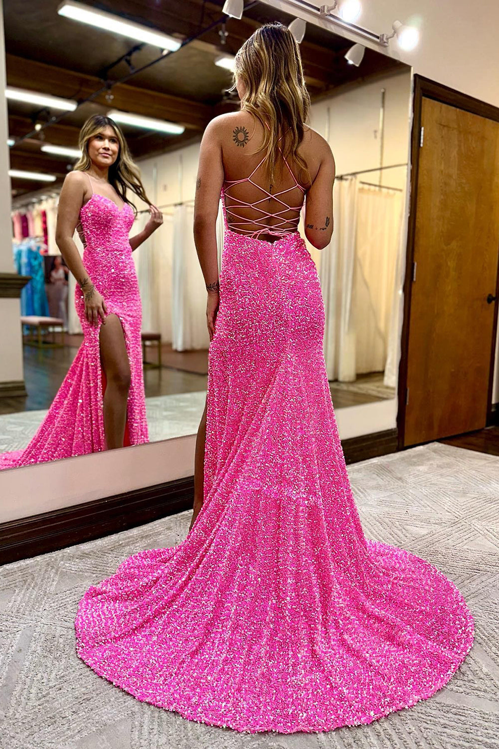 Hot Pink Prom Dress Mermaid Sequined Long Evening Dress with Slit