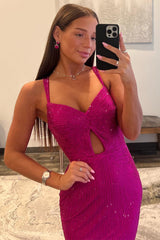Hot Pink Prom Dress Mermaid Spaghetti Straps Keyhole Long Beaded Backless Evening Dress