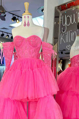 Hot Pink Prom Dress Off the Shoulder A Line Tulle Layers Appliques Hi-Low Evening Dress