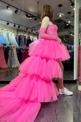 Hot Pink Prom Dress Off the Shoulder A Line Tulle Layers Appliques Hi-Low Evening Dress