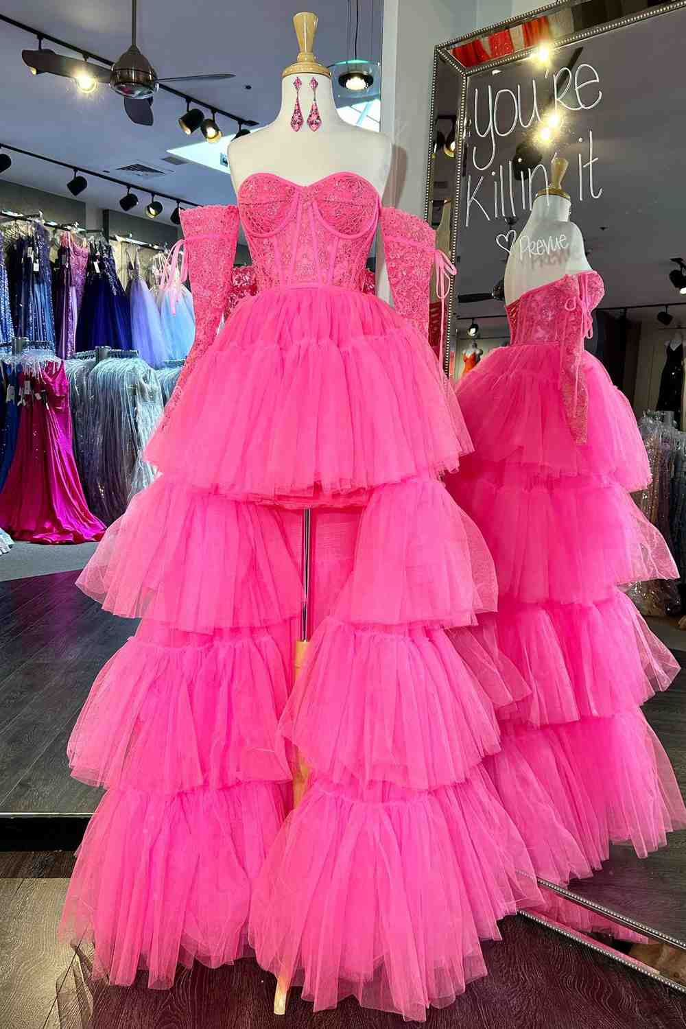 Hot Pink Prom Dress Off the Shoulder A Line Tulle Layers Appliques Hi-Low Evening Dress