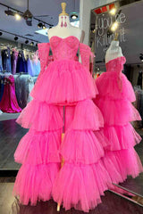 Hot Pink Prom Dress Off the Shoulder A Line Tulle Layers Appliques Hi-Low Evening Dress
