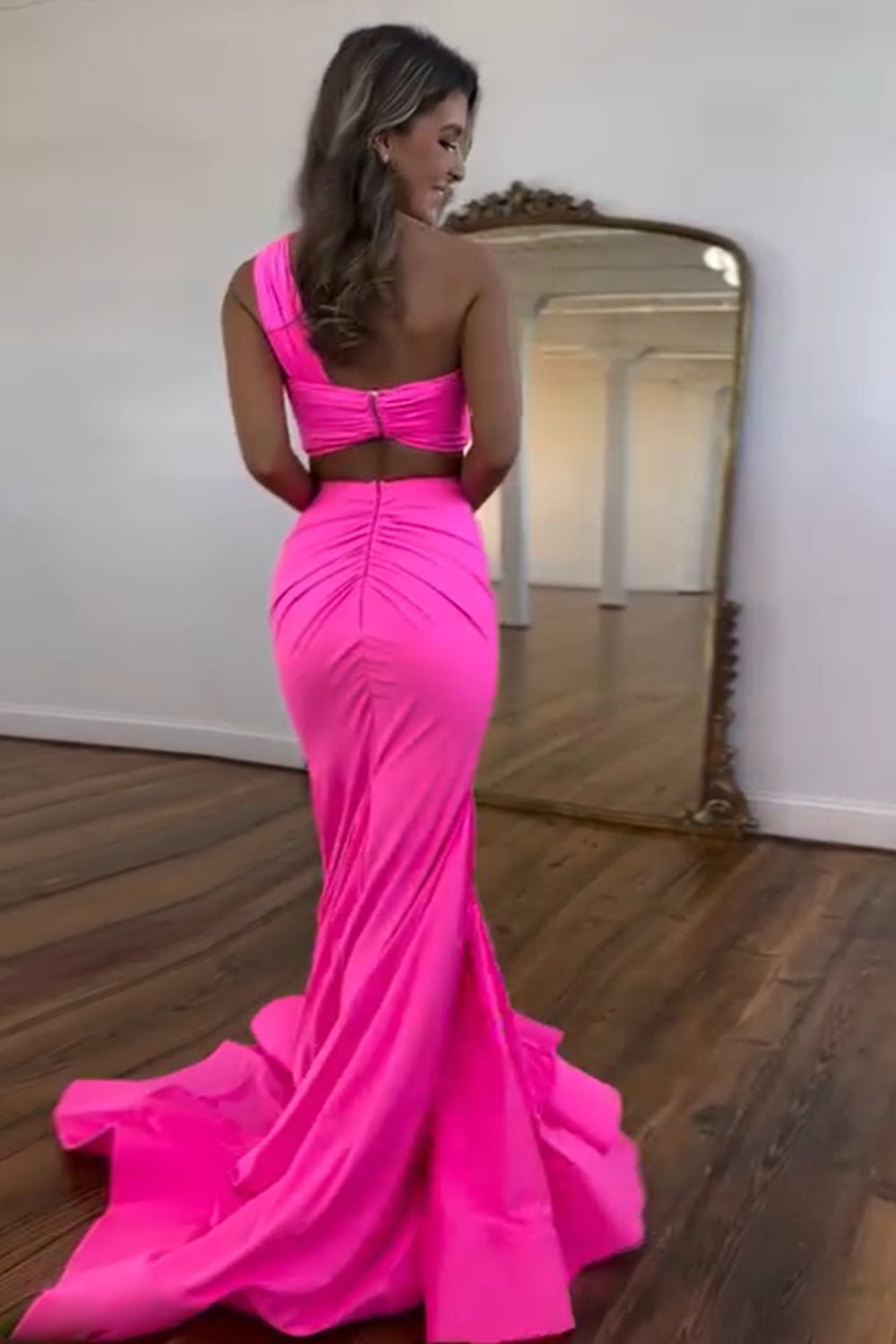 Hot Pink Prom Dress One Shoulder Two Piece Satin Long Evening Dress