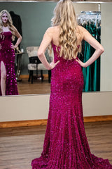 Hot Pink Prom Dress Sheath Sequins Long Evening Dress with Slit