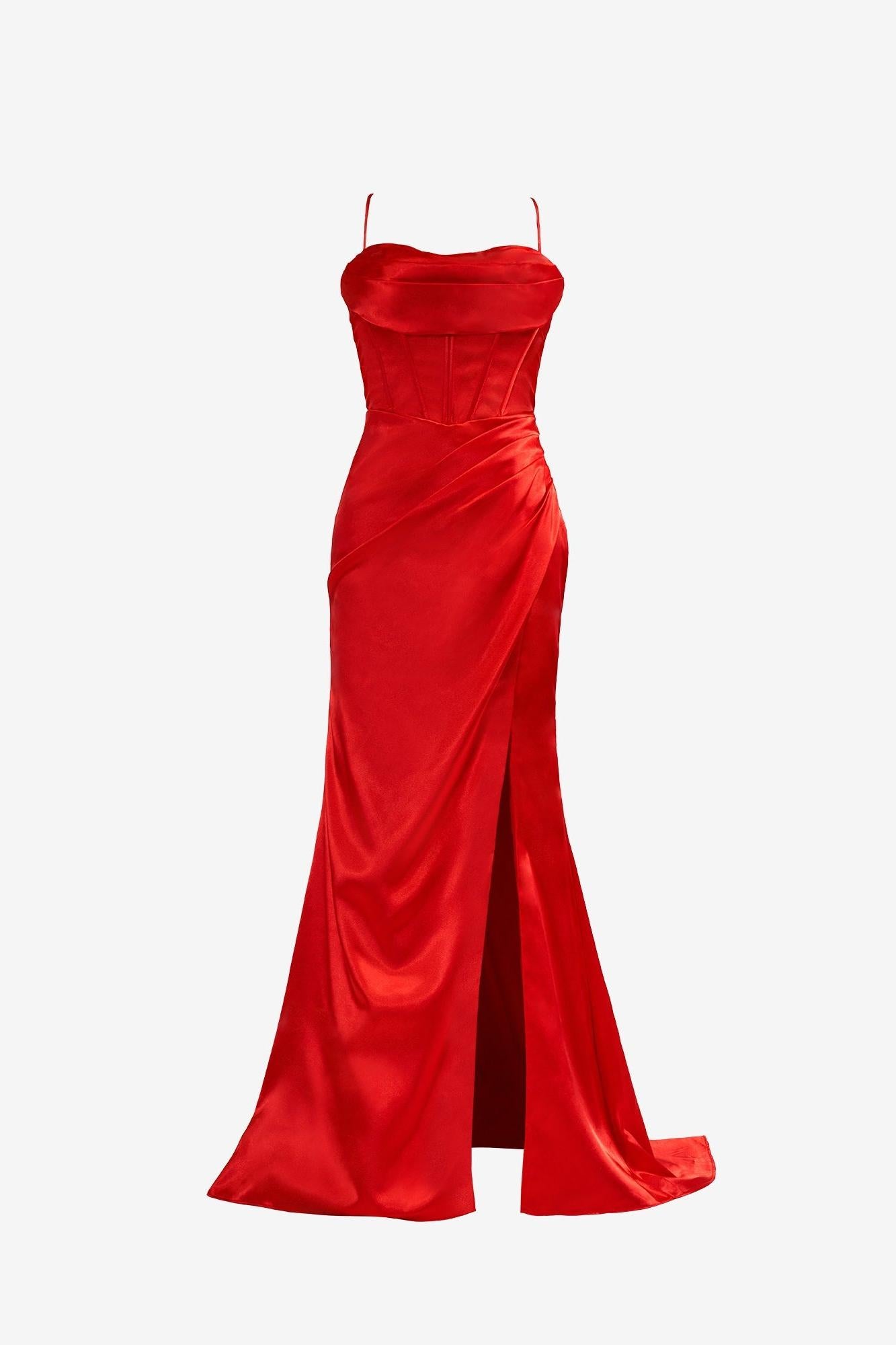 Hot Pink Prom Dress Spaghetti Straps Satin Mermaid Elegant Evening Dress with Split