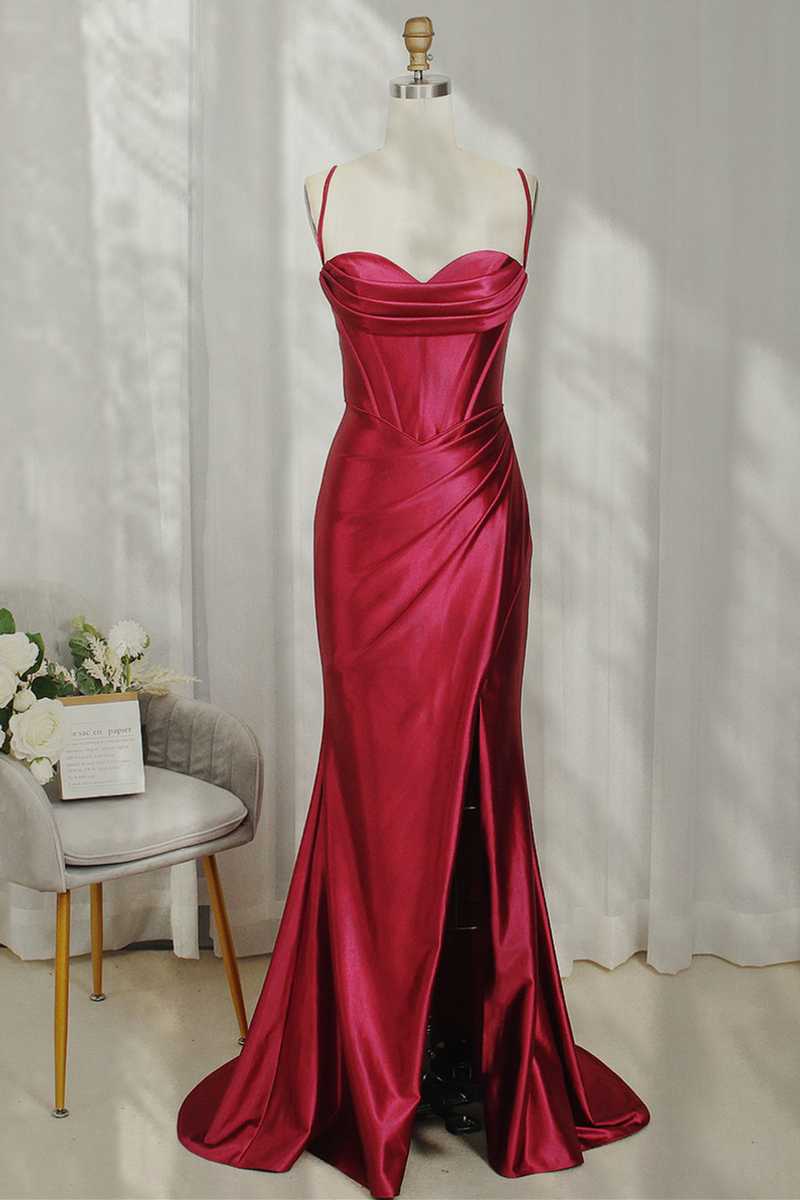 Hot Pink Prom Dress Spaghetti Straps Satin Mermaid Elegant Evening Dress with Split