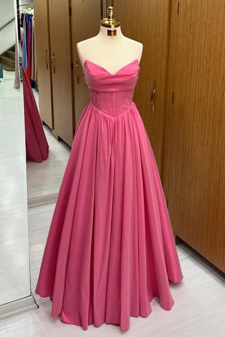 Hot Pink Prom Dress Strapless Lace Up A Line Long Formal Dress Evening Dress