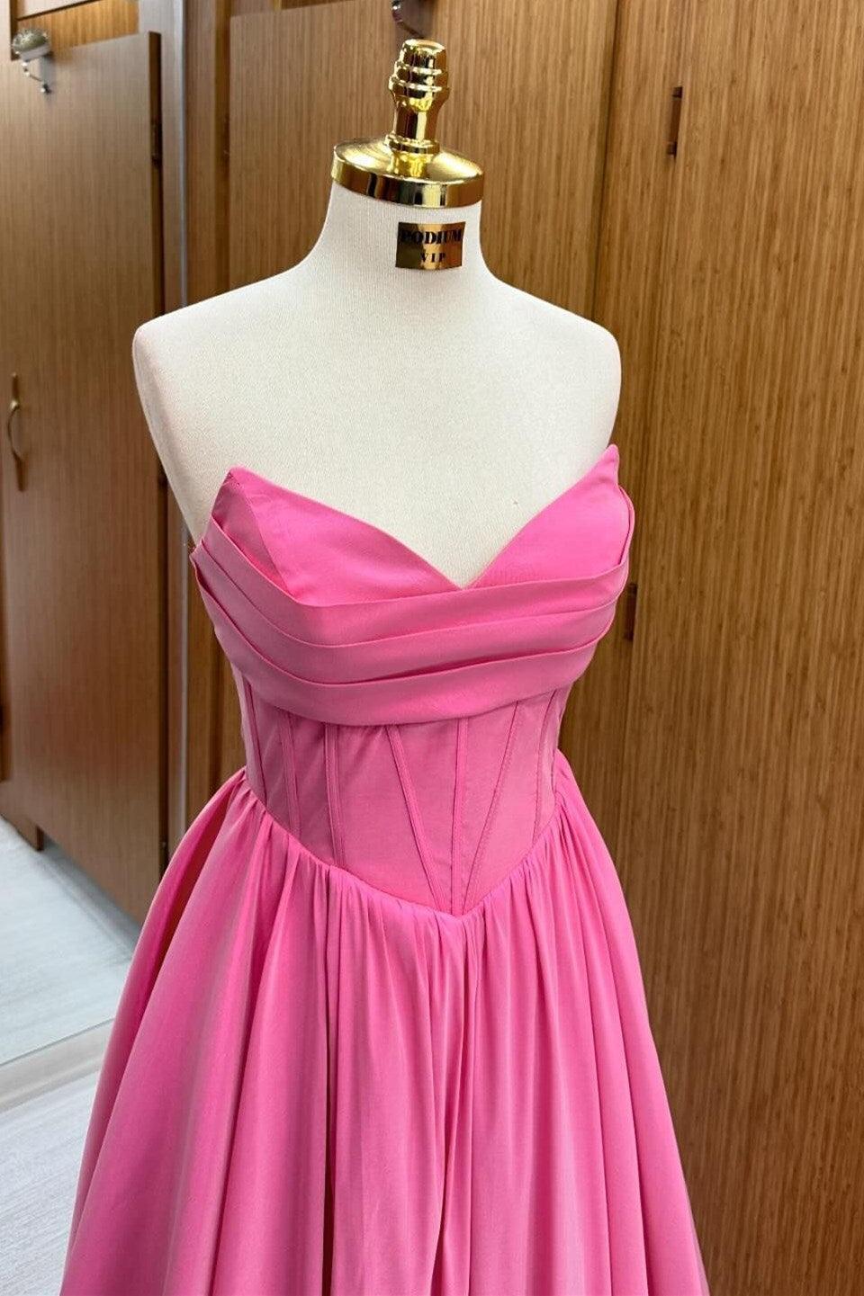 Hot Pink Prom Dress Strapless Lace Up A Line Long Formal Dress Evening Dress