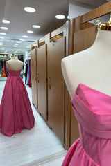 Hot Pink Prom Dress Strapless Lace Up A Line Long Formal Dress Evening Dress