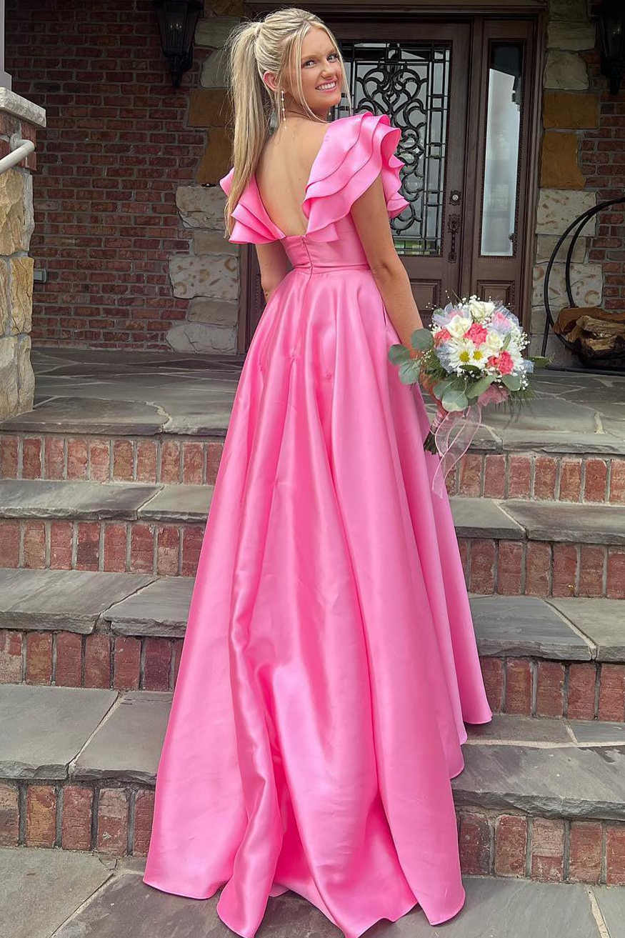 Hot Pink Prom Dress V Neck Ruffle A Line Long Evening Dress