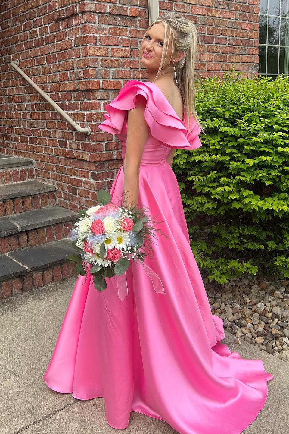 Hot Pink Prom Dress V Neck Ruffle A Line Long Evening Dress