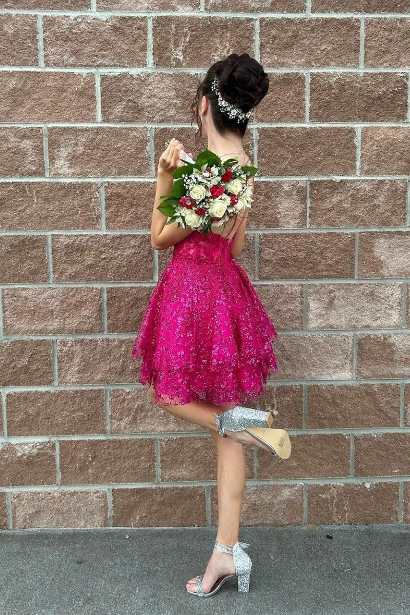 Hot pink Homecoming Dress A Line Sequin Style Lace Short Party Cocktail Dress