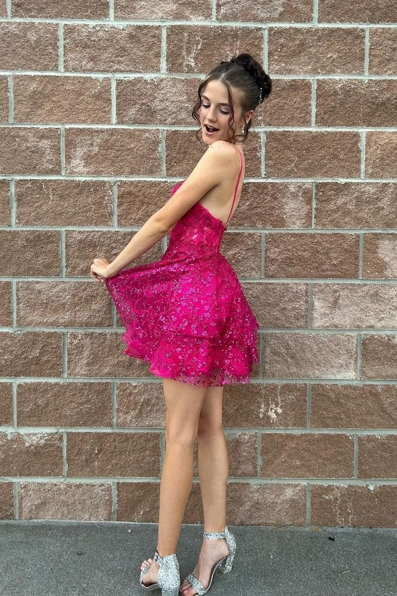 Hot pink Homecoming Dress A Line Sequin Style Lace Short Party Cocktail Dress
