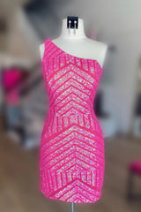 Hot pink Homecoming Dress Bodycon one shoulder Style Sequin Short Party Cocktail Dress