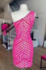 Hot pink Homecoming Dress Bodycon one shoulder Style Sequin Short Party Cocktail Dress