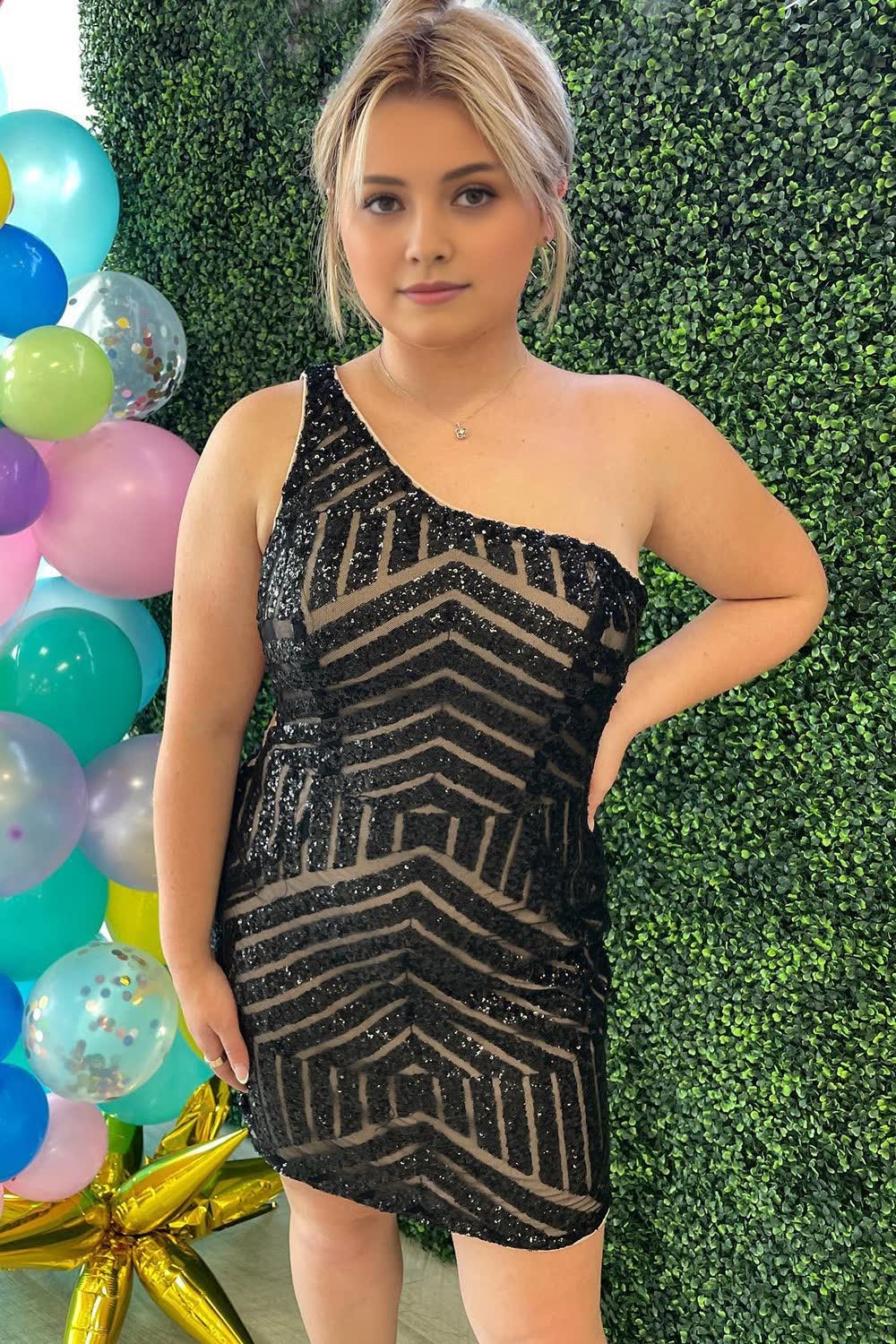 Hot pink Homecoming Dress Bodycon one shoulder Style Sequin Short Party Cocktail Dress