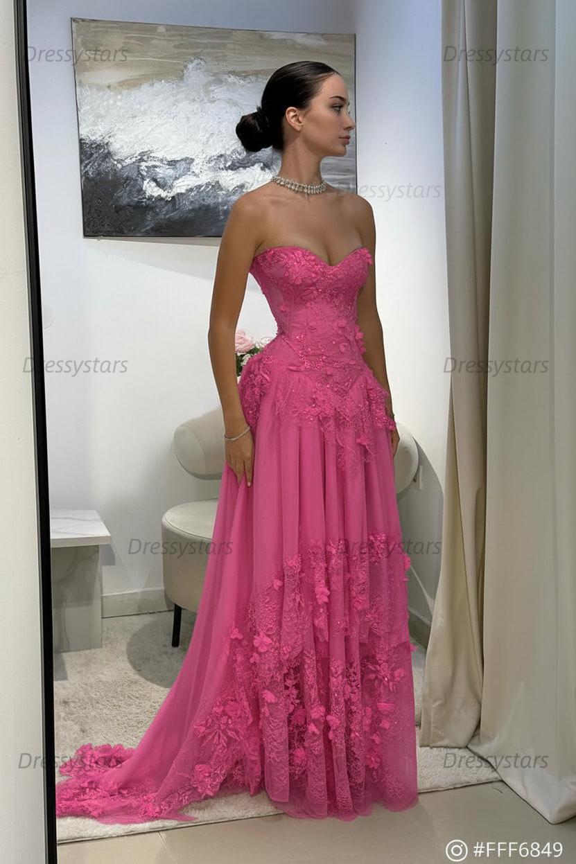 Yellow Lace A Line Prom Dress Sweetheart Lace Appliqued Formal Dress with 3D Flowers