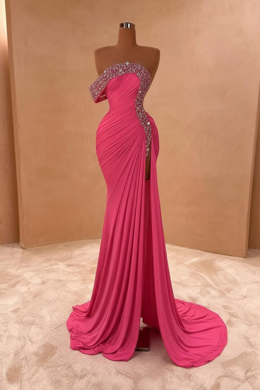 Blue Mermaid Prom Dress Cap Sleeve One Shoulder Formal Dress With Beadings and Rhinestones