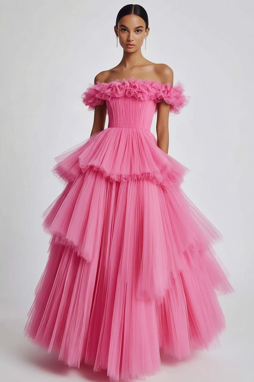 Dusty Sage Formal Dress Tulle Off The Shoulder Ball Gown Wedding Guest Dress With Ruffles