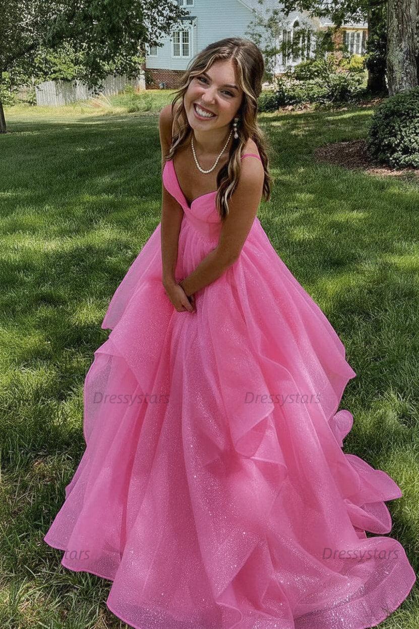Pink Prom Dress V Neck Tulle Long Formal Evening Dress