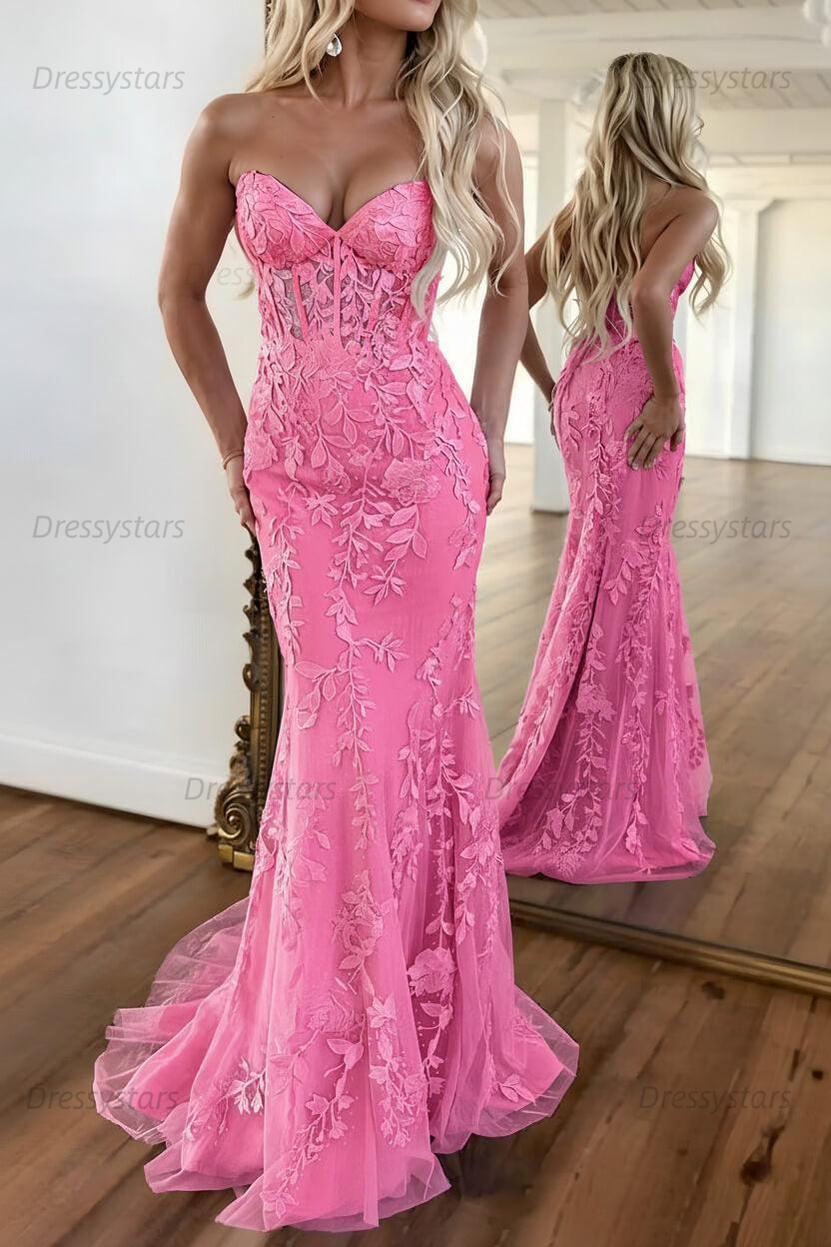 Lilac Prom Dress Corset Sweetheart Lace Mermaid Evening Formal Gown